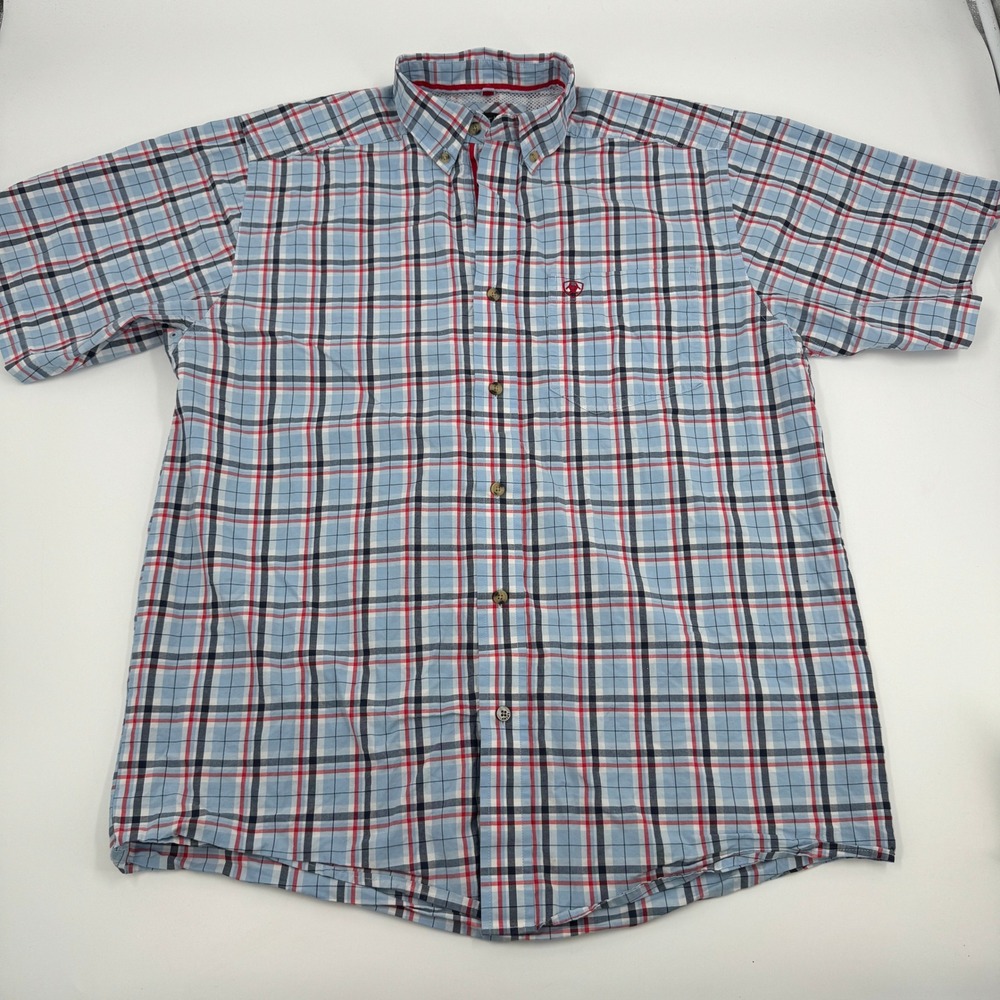 Ariat Pro Jasper Classic Shirt Mens Medium Blue Red Plaid Short Sleeve Button Up